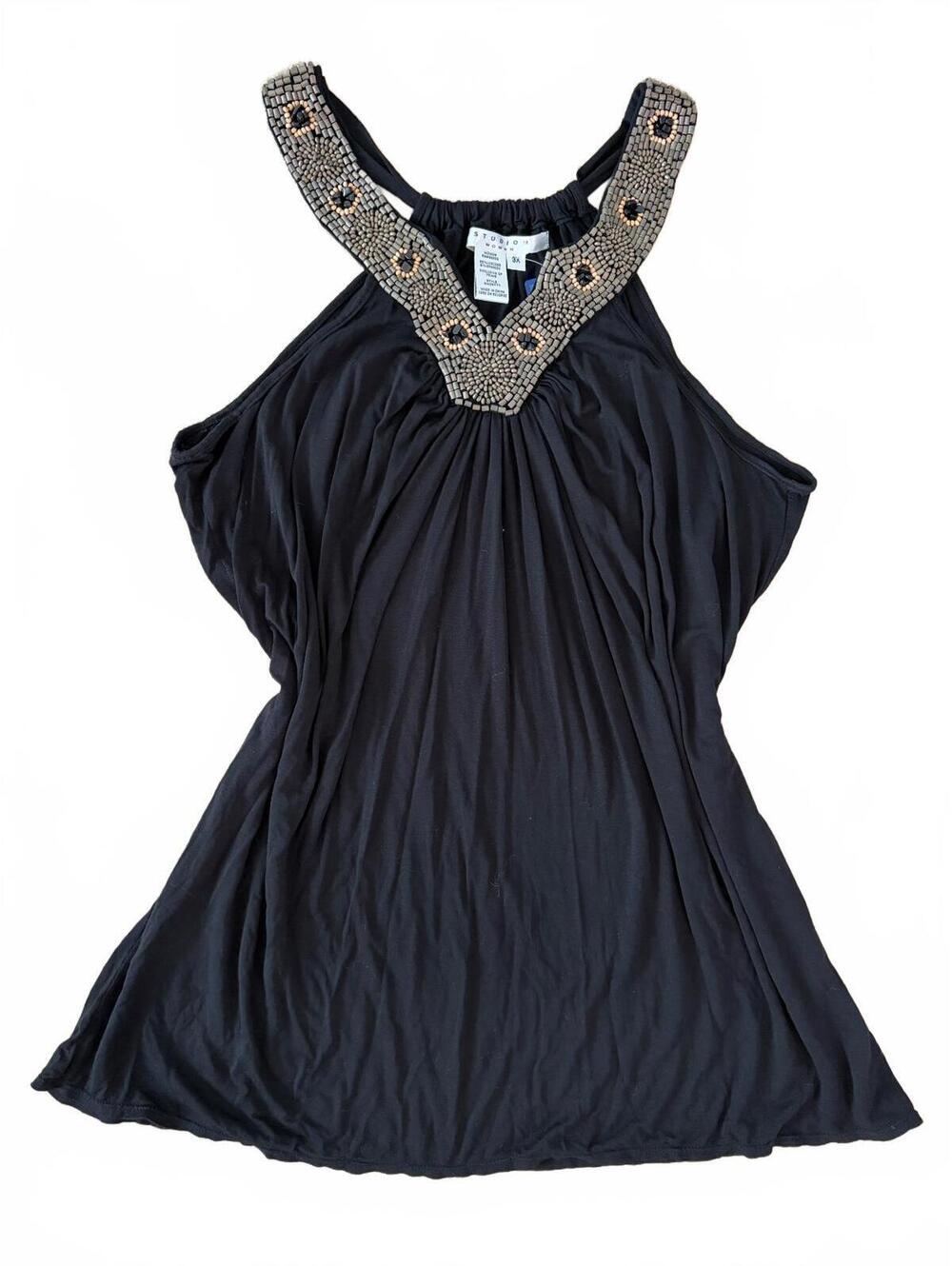Studio M Woman Tank Top Womens 3X Black Beaded Halter Sleeveless Stretch